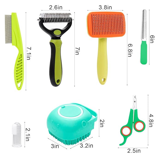 VCZONE 8 Pcs Dog Grooming Kit: Nail Clipper, Flea Comb, Shampoo Brush, Shedding Brush, Dematting Comb, Silicone Toothbrush (Green)