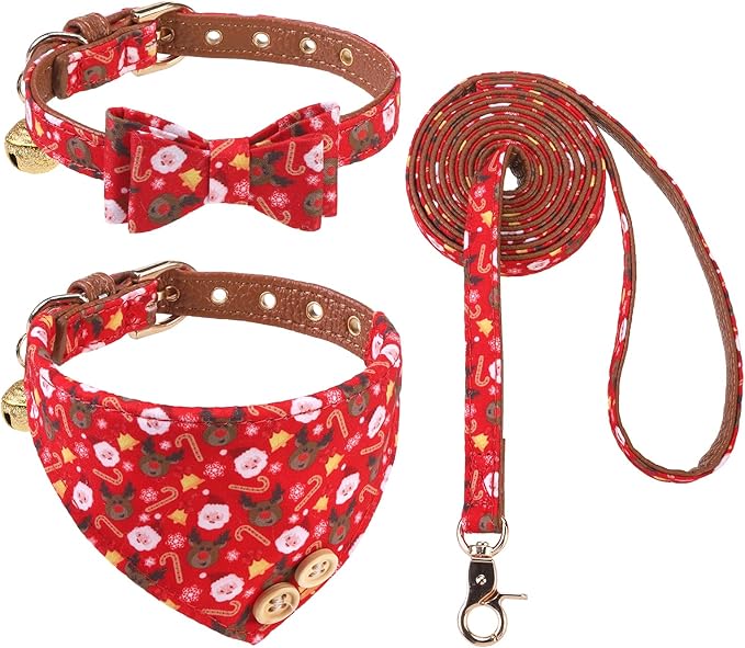 KOOLTAIL Christmas Small Dog Collar and Leash Set with Bowtie and Bells-Puppy Collar Leash for Female with Matching Pattern, Soft Leather Tangle Free Leashes for Small Dogs Boys Girls Red