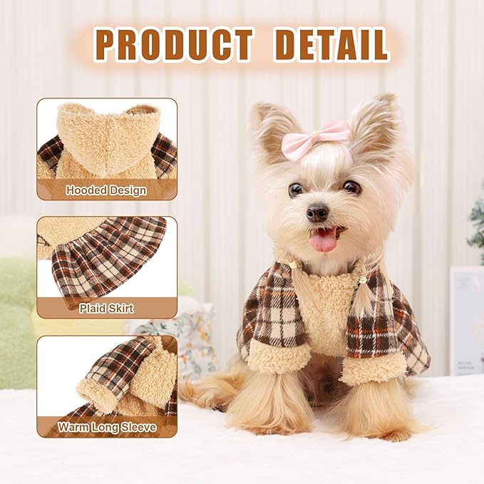 Dog Sweater Dresses for Small Dogs Girl, Winter Puppy Clothes Fleece Warm Puppy Hoodie, Pet Festival Outfits Apparel Clothing, Pet Outfits for Chihuahua Yorkie Skirt (Medium, Khaki)