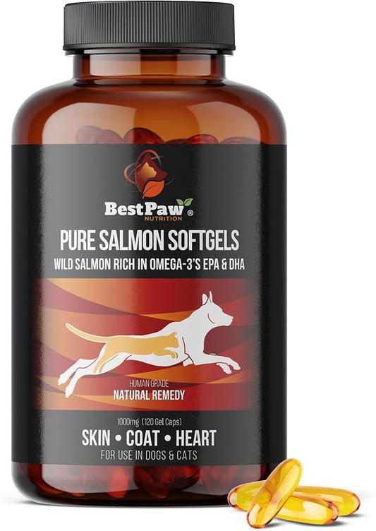 Best Paw Nutrition Pure Wild Alaskan Salmon Oil for Dogs & Cats Allergy, Dry Itchy Skin, Hotspots, & Joint Pain Relief 1000mg Softgels