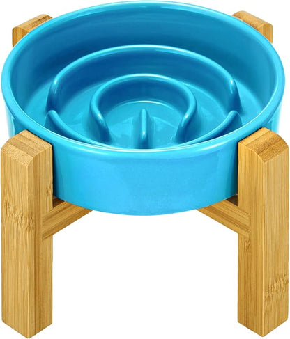 Ceramic Slow Feeder Dog Bowls Elevated, 0.6 Cup Slow Feeder for Small Dogs and Cats, Puzzle Maze Bowl, Prevents Choking, 6in, Blue