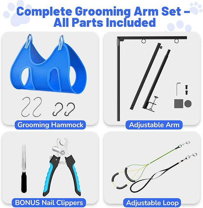 AUORC Dog Grooming Arm with Hammock, Adjustable 26"-38" Foldable Grooming Table Arm with Clamp & 2 No-Sit Holders, Heavy Duty for Small & Medium Dogs, Includes Nail Clippers (Table Not Included)