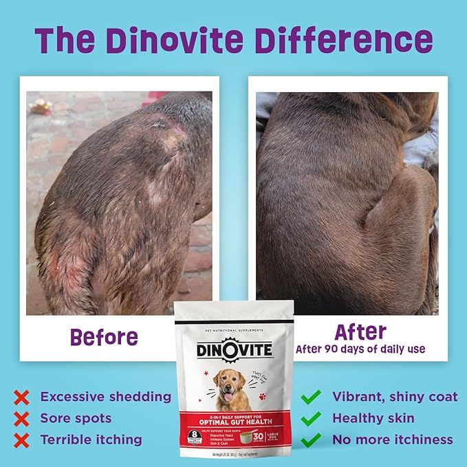 Dinovite Probiotic Supplement for Dogs - Omega 3 - Hot Spot Relief - Skin & Coat Supplement - 30 Day Supply (30 Day Supply, Large Dogs (45+ lbs))