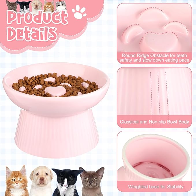 Tioncy 2 Pcs Raised Cat Slow Feeder Bowl Ceramic Elevated Cat Dog Food Bowl No Spill High Edge for Dry Wet Food and Water Easy to Clean, Dishwasher Safe(Black, Pink)