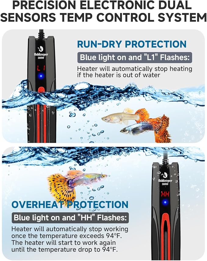 fishkeeper 300W/500W/800W Adjustable Submersible Aquarium Heater - PID Electronic Smart Thermostat Fish Tank Heater with Out-of-Water/Run-Dry/Overheat/Low-Temp Protection for 40-220 Gal Fish Tanks