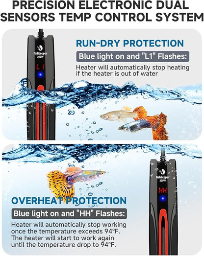 fishkeeper 300W/500W/800W Adjustable Submersible Aquarium Heater - PID Electronic Smart Thermostat Fish Tank Heater with Out-of-Water/Run-Dry/Overheat/Low-Temp Protection for 40-220 Gal Fish Tanks