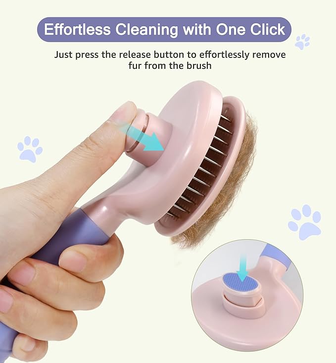 Pet Self-Cleaning Slicker Brush for Dogs & Cats, Deshedding Grooming Comb, Removes Loose Undercoat Hair & Mats, Skin-Friendly Massaging Tool for Long/Short Fur, Large & Small Breeds (Purple)