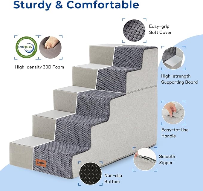 Dog Steps for High Beds - Dog Stairs 2 in 1 with Zippers Suitable for Small Dogs, Foam Pet Stairs with Non Slip Bottom Grey 5 Steps, Beige