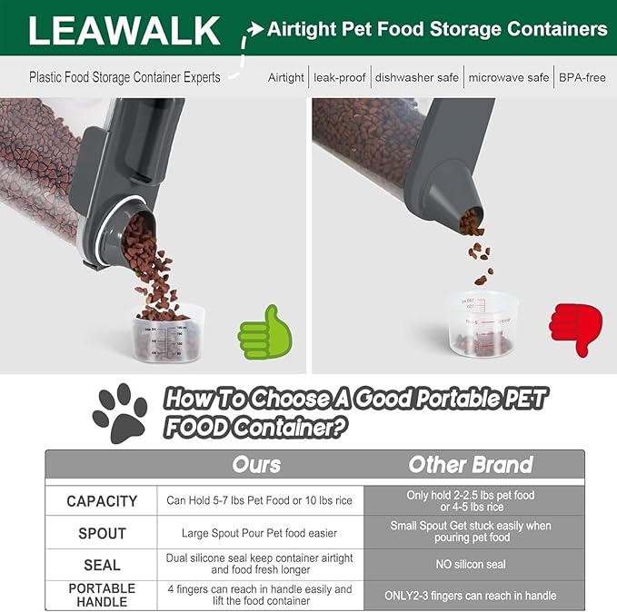 LEAWALK 5-7Lbs Cat Dog Storage Container, Portable Pet Food Containers with Upgraded Large Spout and Cup, Small Animal Kibble Dispenser for Bird Seed, Oatmeal, Rice, Flour (White & Black)
