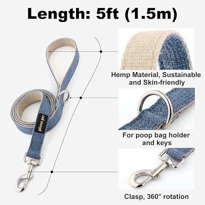 Plutus Pet Cotton Hemp Dog Collar and Leash Set, Adjustable Collar for Small, Medium, and Large Dogs, Heavy Duty and Soft on Skin, Haze Blue, S
