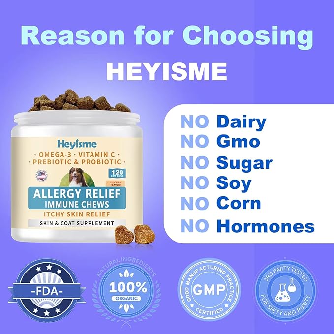 Dog Allergy Relief Chews, Itch Relief, Probiotics for Dogs, Omega-3 Fish Oil, Seasonal Allergy and Itchy Skin Treatment, Immune Support Supplement (120 Chews, Chicken)