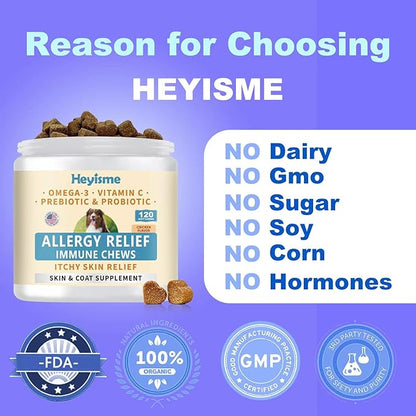 Dog Allergy Relief Chews, Itch Relief, Probiotics for Dogs, Omega-3 Fish Oil, Seasonal Allergy and Itchy Skin Treatment, Immune Support Supplement (120 Chews, Chicken)