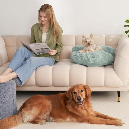 EHEYCIGA Medium Dog Bed and Large Cat Couch – Fluffy Faux Rabbit Fur Pet Sofa for Small and Medium Dogs, Washable Removable Cover, Waterproof and Non-Slip, 30 Inch, Sage Green