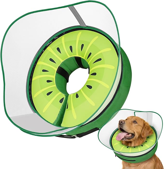 Raised Inflatable Dog Cone After Surgery - Adjustable Recovery Donut Collar with Neck Strap and Removable Anti-Licking Shield - Soft Dog Cone Alternative for Small Medium Large Dogs (Kiwi,XXL)
