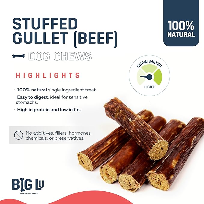 Big Lu - 6-Inch Stuffed Beef Jerky Sticks for Dogs, 20 Count, Premium All-Natural Gullet Chews, High-Protein, Easily Digestible, Supports Dental Health and Joint Mobility