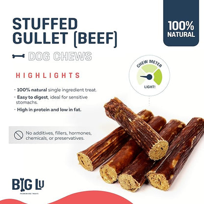 Big Lu - 6-Inch Stuffed Beef Jerky Sticks for Dogs, 20 Count, Premium All-Natural Gullet Chews, High-Protein, Easily Digestible, Supports Dental Health and Joint Mobility
