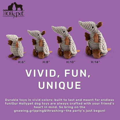 Hollypet Plush Dog Squeaky Toy Stuffed Armadillo Animal Pet Puppy Chew Toys with Clean Teeth for Small Medium Large All Breed Sizes Dogs, Light Gray, 8 in