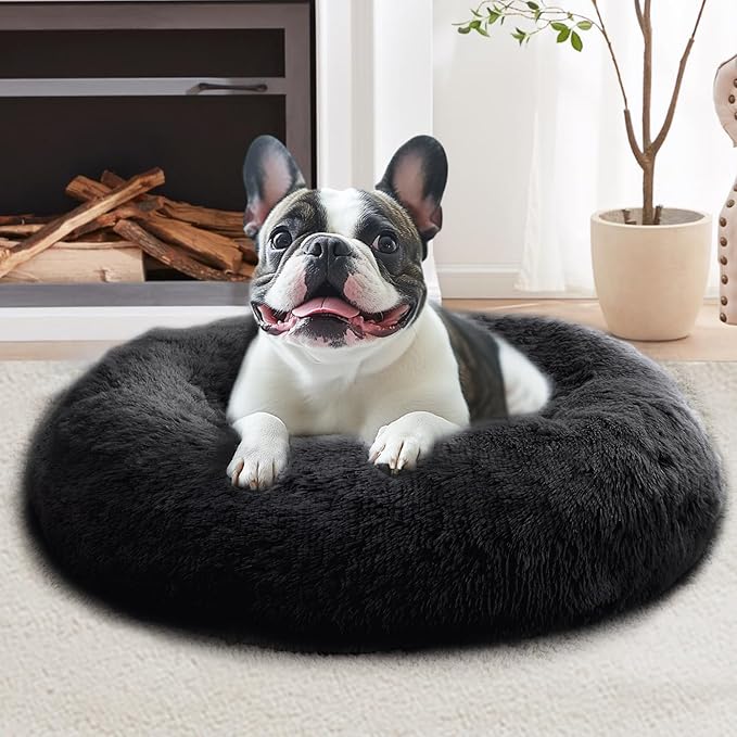 JOLLYVOGUE Small Dog & Cat Beds for Indoor Cats, Donut Cuddler Warming Soft Dog Beds with Anti-Slip Bottom, Round Calming Fluffy Plush Faux Fur Cushion Bed for Small Dogs (20", Black)