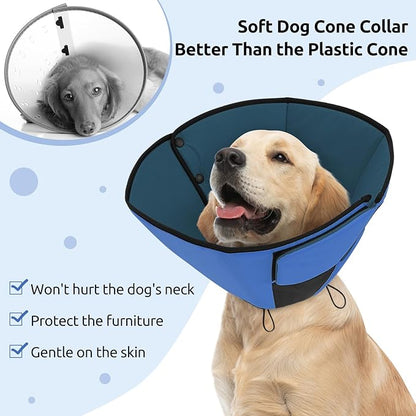 Queenmore Dog Cones for Large Dogs, Soft Dog Cone for Large Breeds, Cone for Dogs After Surgery, Adjustable Elizabethan Collar for Pet to Prevent Licking Wounds, Blue L
