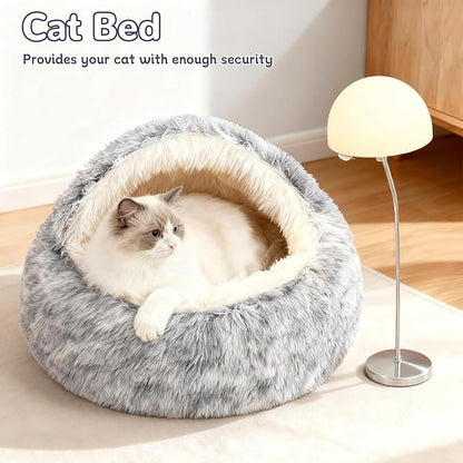 Nest Bed, Round Plush Hooded Cat Cave, Covered Cat Bed for Indoor, Warm Plush Cave Style Cats House with Hood, Anti-Slip, Cozy Winter Sherpa Lounger for Cats and Small Puppies