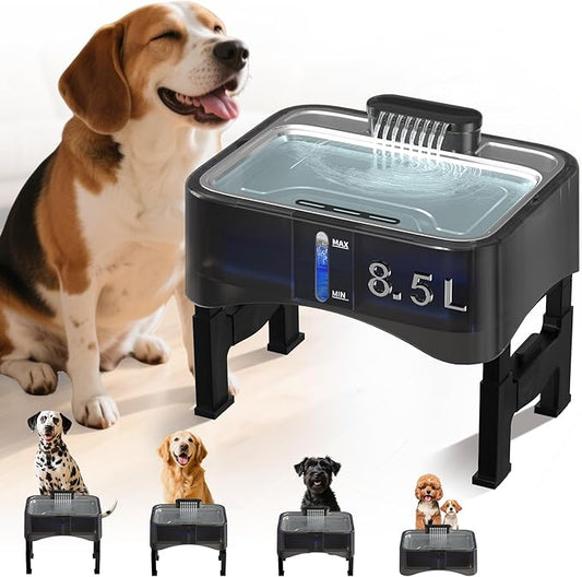 8.5L/2.25Gal Elevated Dog Water Fountain, Xetino 4 Height Adjustable Raised Dog Water Bowl Dispenser for Large Dogs with Stainless Steel Tray, Pet Water Fountain with Ultra Quiet Pump and Filter