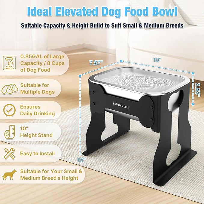 0.85 Gallon Dog Food Bowls Elevated, 10" Raised Dog Bowl with Stand for Medium Breed, Full Metal Feeding Station for Joint Pressure Relief, Easy Clean for Indoor Outdoor