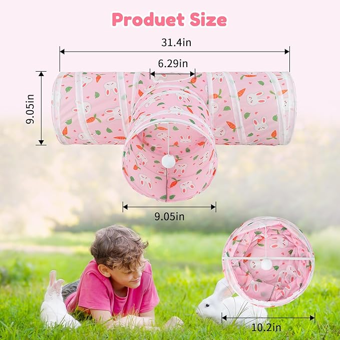 BWOGUE Bunny Tunnels & Tubes Collapsible 3 Way Bunny Hideout Small Animal Activity Tunnel Toys for Dwarf Rabbits Bunny Guinea Pigs Kitty(Pink)