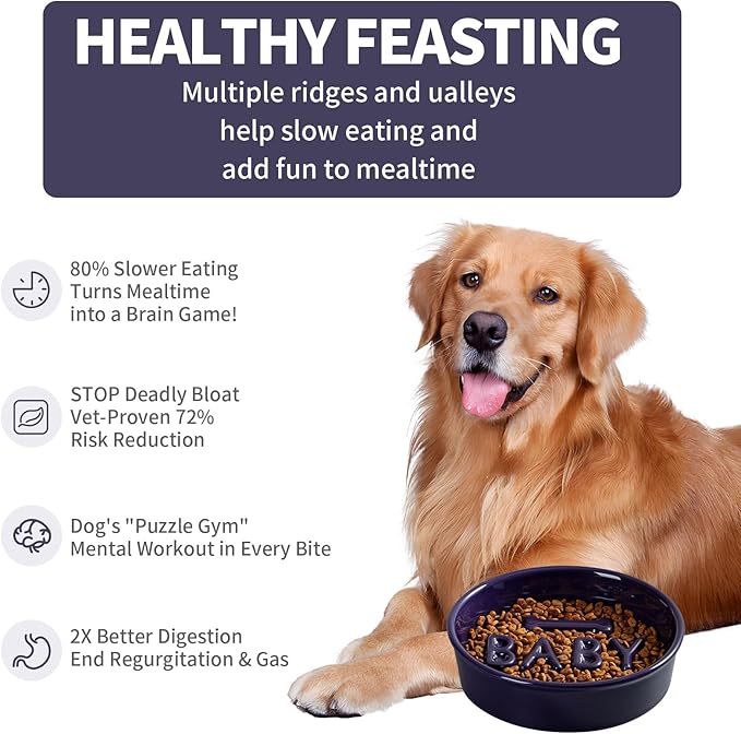 Ceramic Slow Feeder Dog Bowl, 4-Cup Anti-Slip Puzzle Feeder for Medium/Large Dogs, Indoor/Outdoor Pet Bowl for Fast Eaters - Pink