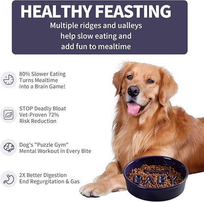 Ceramic Slow Feeder Dog Bowl, 4-Cup Anti-Slip Puzzle Feeder for Medium/Large Dogs, Indoor/Outdoor Pet Bowl for Fast Eaters - Blue
