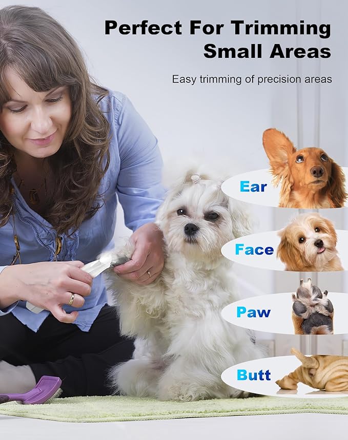 Dog Paw Trimmer for Grooming, Cordless Electric Dog Clippers with LED Light, Rechargeable Low Noise Small Pet Shaver for Trimming Cat's Hair Around Eyes, Faces, Ears, Paws, Rump(White)