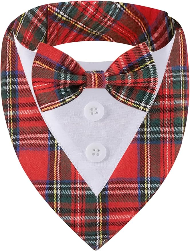 Adjustable Red Plaid Christmas Dog Tuxedo Bandana with Bow Tie - Holiday Pet Outfit Costume for Dogs XS to XL