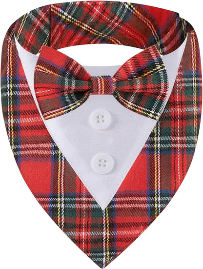 Adjustable Red Plaid Christmas Dog Tuxedo Bandana with Bow Tie - Holiday Pet Outfit Costume for Dogs XS to XL
