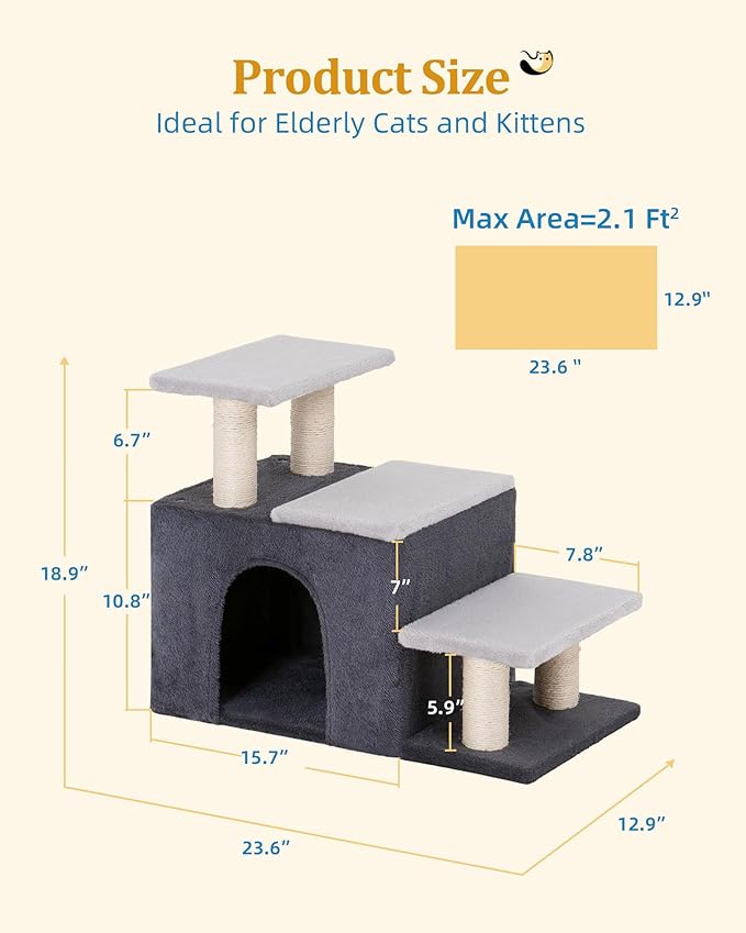 3-in-1 Pet Stairs for Cats, Dog Steps for Small Doggie,7.8'' Depth Cat Stairs,Indoor Cat Steps for High Bed for Pet's Joints, Soft Plush, 1 Big Cat Condo Cave, Sisal Scratching Posts, Grey, Large