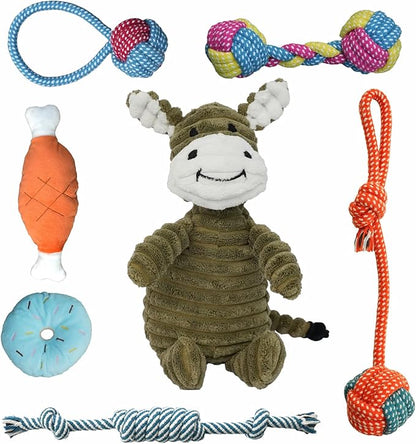 Dog Toys 7 Pack for Fun and Teeth Cleaning, Puppy Chew Toys Pack with Cute Donkey Squeaky Toys, Durable Ropes Chew