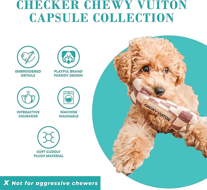 Haute Diggity Dog Medium Checker Chewy Vuiton Plush Dog Toys for Small, Medium & Large Dogs, 3-Pack Durable Stuffed Designer-Inspired Pet Toys with Interactive Squeaker, Machine-Washable & Safe