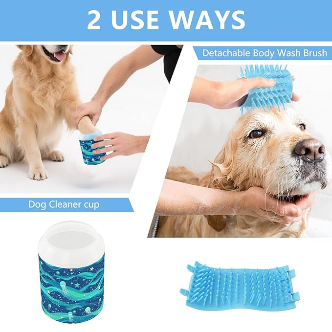 Dog Paw Cleaner Cups for Dogs Pets Foot Washer Paw Scrubber for Medium Small Cats Dogs Cleaning Cup Blue Sea Wave Jellyfish and Stars