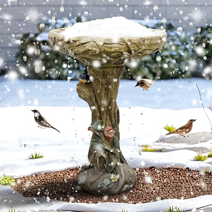 25.5" H Concrete Tree Shape Bird Bath with Decorative Faux Bird – 25.5" H * 17.7" Φ Rustic Design Birdbath, Enhances Garden, Patio, Yard, Lawn Décor