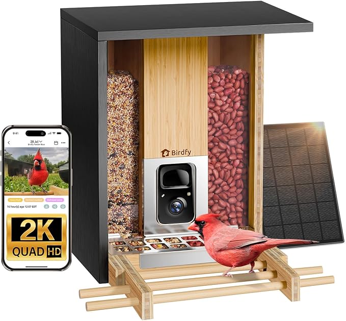 Birdfy Smart Bird Feeder with Camera&Metal Guard, AI Bird Recognition, 2K&Night Vision, Solar Powered, 4L Large Bamboo Wood Weatherproof Design, Ideal Chistmas Gift for Nature Lovers, Mom&Myself