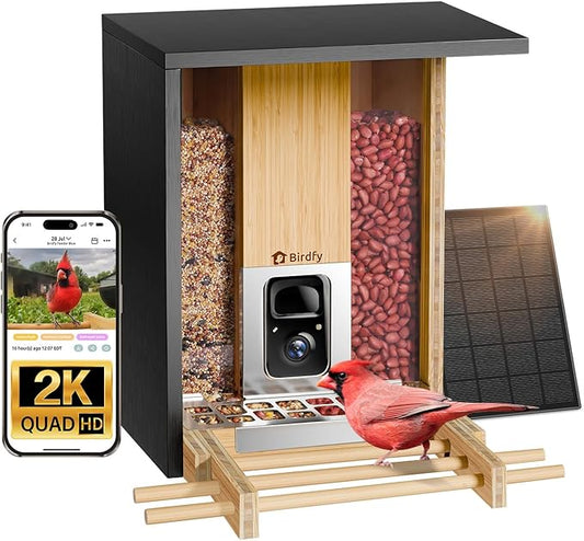Birdfy Smart Bird Feeder with Camera&Metal Guard, AI Bird Recognition, 2K&Night Vision, Solar Powered, 4L Large Bamboo Wood Weatherproof Design, Ideal Chistmas Gift for Nature Lovers, Mom&Myself