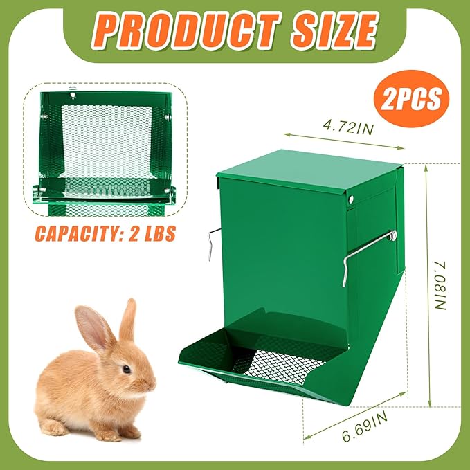 Maxcheck 2 Pcs Rabbit Feeder for Cages Small Animal Food Dispenser with Lid Metal Chicken Grit Oyster Shell Feeders Outside (4.7 Inches,Mesh Bottom,Green)