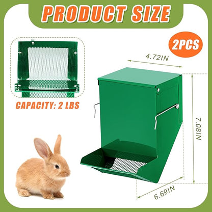 Maxcheck 2 Pcs Rabbit Feeder for Cages Small Animal Food Dispenser with Lid Metal Chicken Grit Oyster Shell Feeders Outside (4.7 Inches,Mesh Bottom,Green)