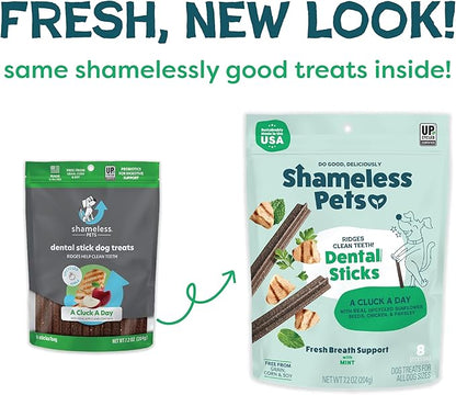 Shameless Pets Dental Treats for Dogs, A Cluck A Day - with Digestive Support for Teeth Cleaning & Fresh Breath - Dog Bones Dental Chews Free from Grain, Corn & Soy