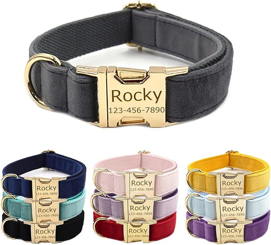Personalized Velvet Dog Collars with Pet Name Phone Number Engraved, Custom Adjustable Soft Collar with Metal Buckle for Small Medium Large Dogs, Dog Leash and Bow Tie Available -Dark Grey