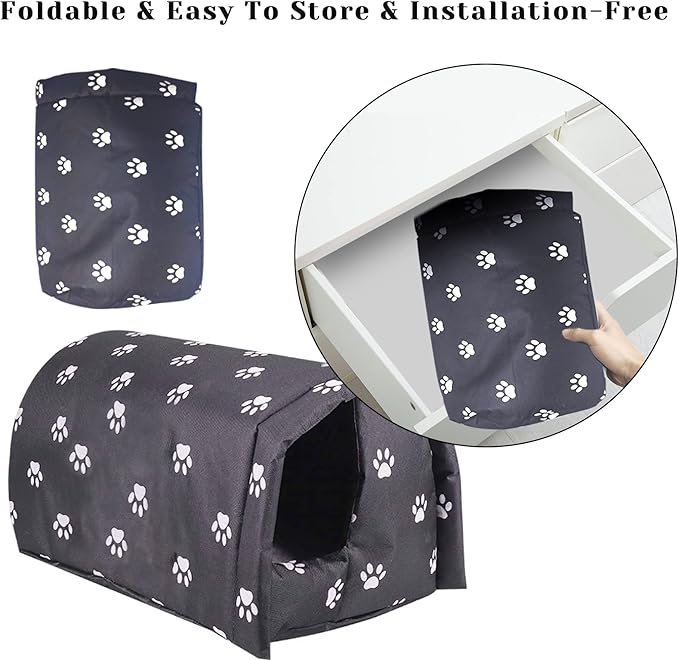 Fhiny Stray Cats Shelter, Waterproof Outdoor Cat House Foldable Warm Pet Cave for Winter Wild Animal Tent Bed Anti-Slip Kitten Cave for Feral Cat Dog Puppy Weatherproof Black