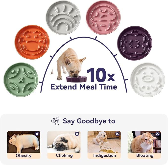 Ceramic Dog Slow Feeder Bowl - Small Dog Food Dish with Maze Puzzle Design - Slow Eating Puzzle Feeder for Pet Feed & Food Control - Whisker-Friendly Bowl for Cat Feeding - 6.3 Inch - 180 g - Purple