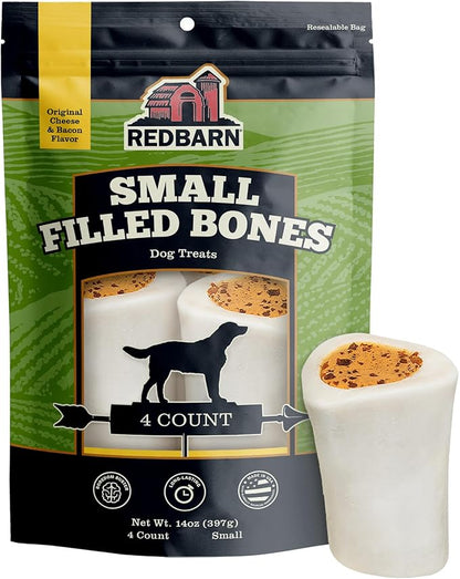 Redbarn Pet Products Small Filled Dog Bones, Cheese & Bacon Flavor - Long Lasting Stuffed Femur Chew Treat Made in USA - 4 Count - Packaging May Vary