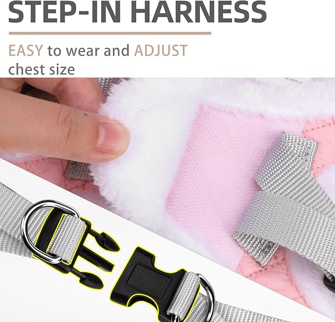 PUPTECK Plush Dog Harness and Leash Set for Small Medium Dogs No Pull Step-in Soft Mesh Puppy Cat Winter Vest Harnesses Reflective at Night Warm, Plush Pink, M