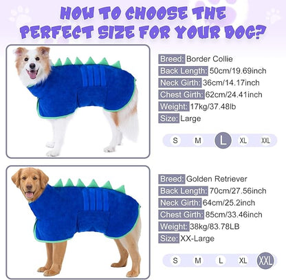 Super Absorbent Dog Bathrobe, Microfiber Bath Robe Towel for Fast Drying, Cozy Fit, Adjustable Belly Strap, Unique Dinosaur Design Dog Drying Coat for Bath, Rainy Walks & Cold Weather