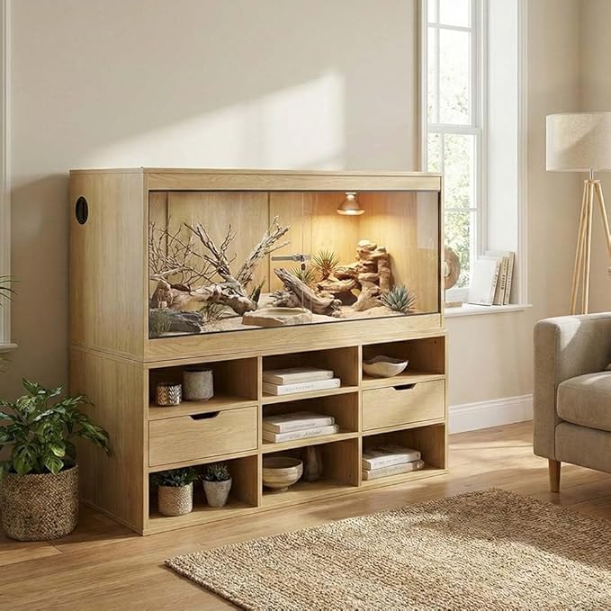 unipaws 110 Gallon Reptile Tank for Lizards, Bearded Dragon Enclosure Terrarium, Large Stackable Cage with Glass Sliding Doors and Lock and Cable Port, Nature