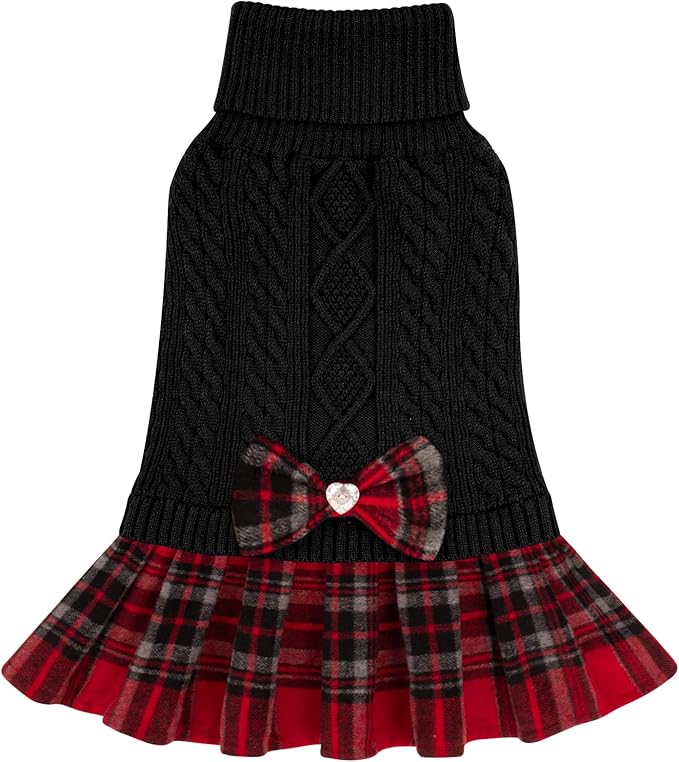 KYEESE Dog Sweater Warm Pullover Pet Coats Comfy Dogs Clothes with Bowtie Thick Dog Sweaters for Small Dogs Male Soft Turtleneck Cat Sweaters Stretchy Knitwear Pet Sweater Dress, Black, X-Large